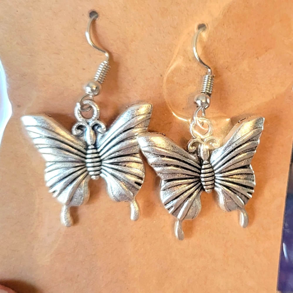 Butterfly pierced earrings dangle-silver tone